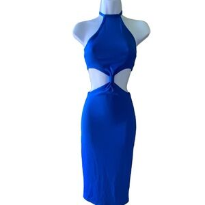 Almost Famous Dress New Blue Halter Tie Neck Cutout and Knot At Waist Midi Small